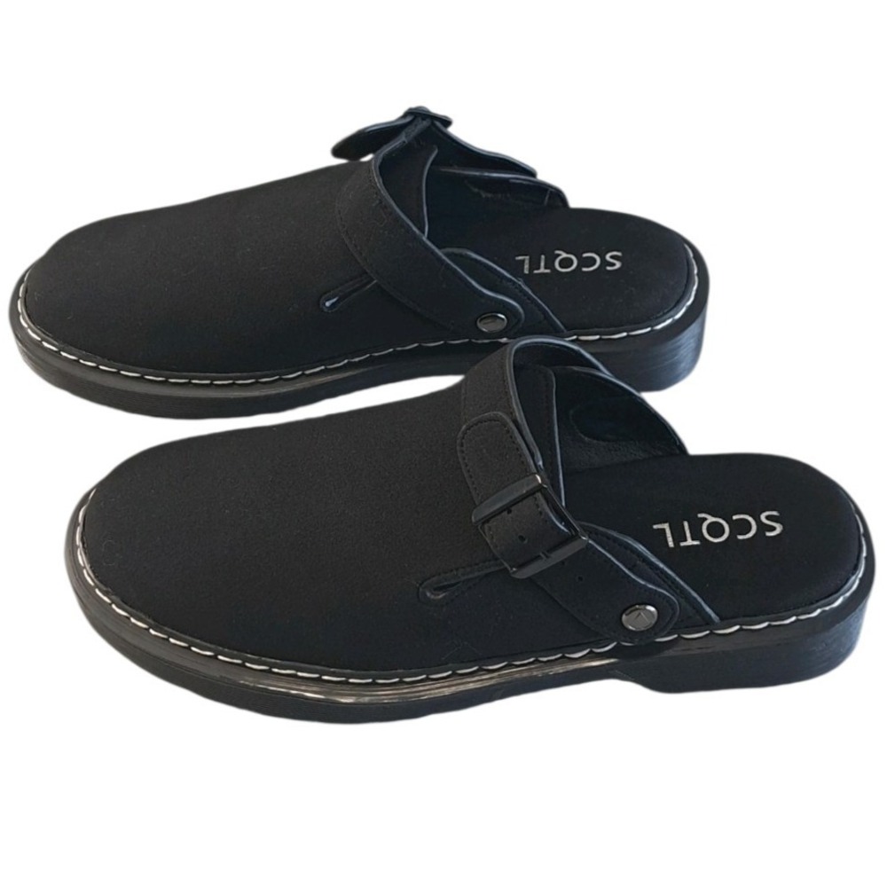SCQTL‎ Women's Black Faux Suede Slip-On Clog Sandals Size 6.5/37 Buckle Comfort
